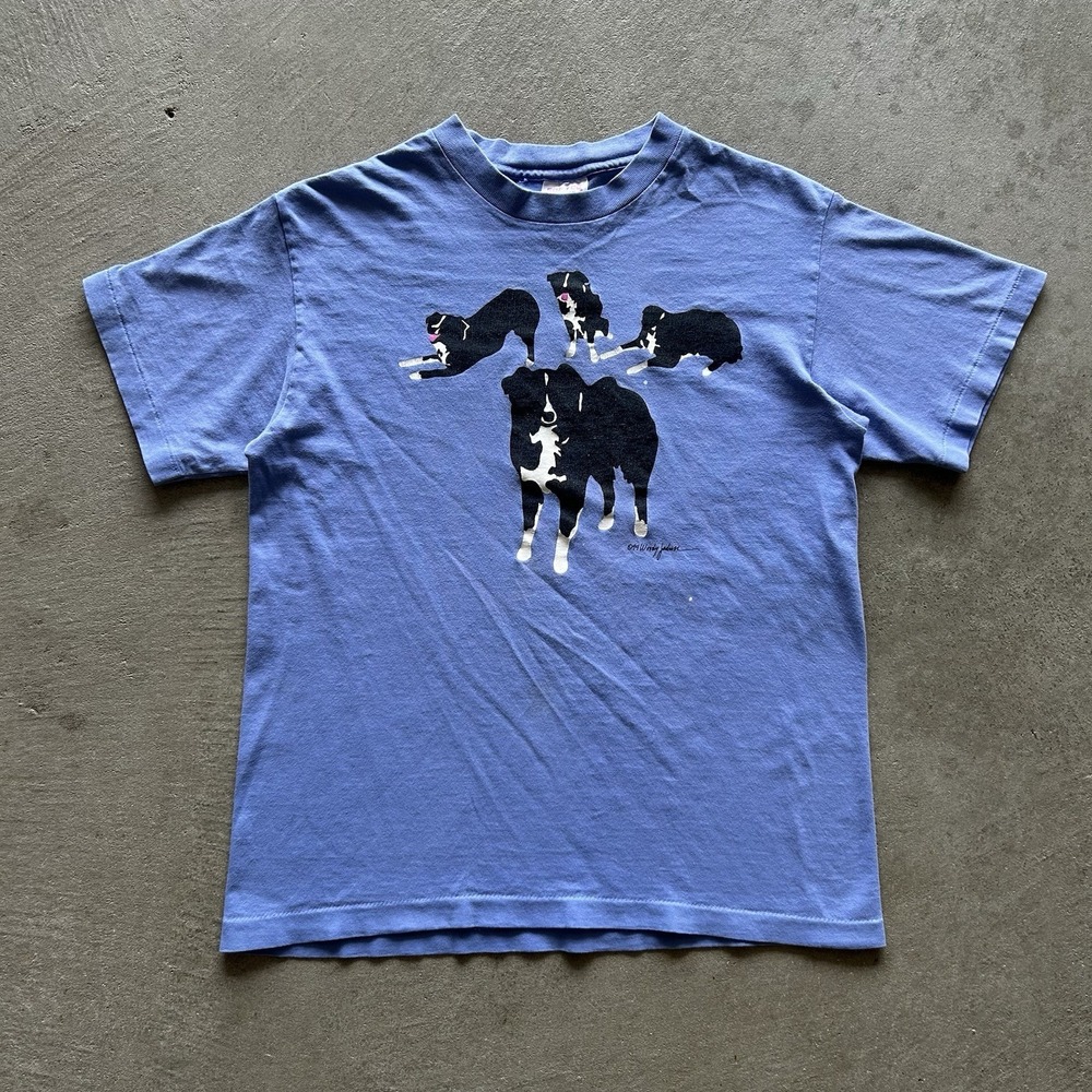 Vintage 90s Woody Jackson Dog Shirt Size Medium Blue 1994 Art Black Labrador Lab